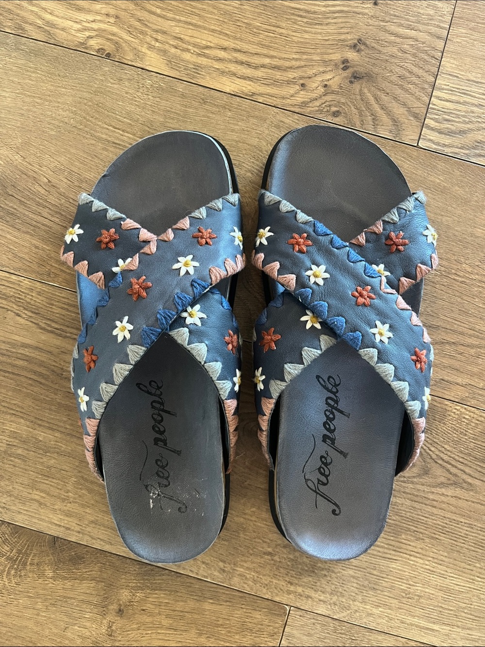 NWOT Free People Wildflowers Embroidered Leather Slide Sandals - Washed Midnight